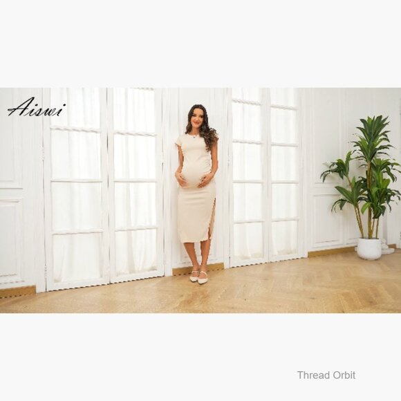 Maternity Maxi Dress Ribbed Ruched Split Side Casual Pregnancy Wear - Picture 7 of 7